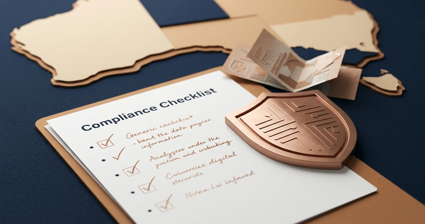 Australian compliance themed illustration with a checklist, AUD symbol and browser shield