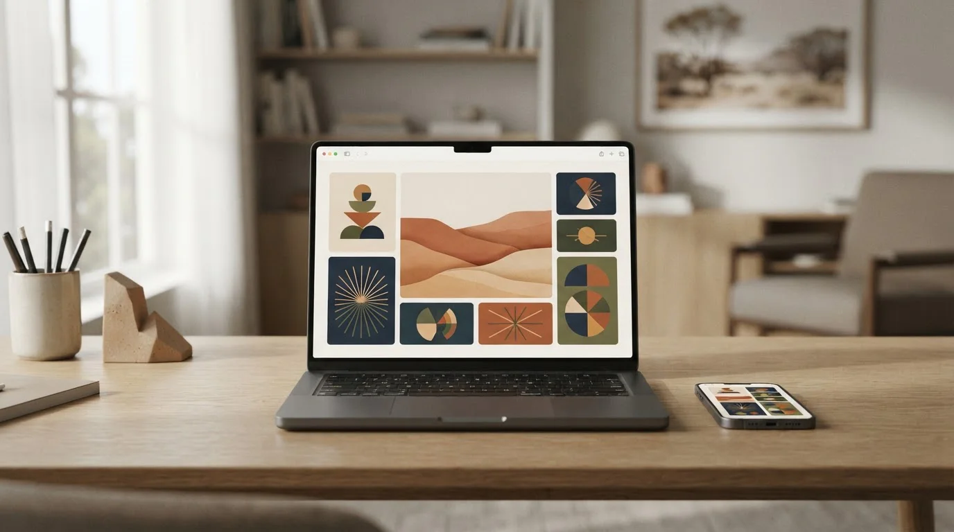 Editorial illustration of a laptop and smartphone with neutral casino-style panels and subtle Australian context