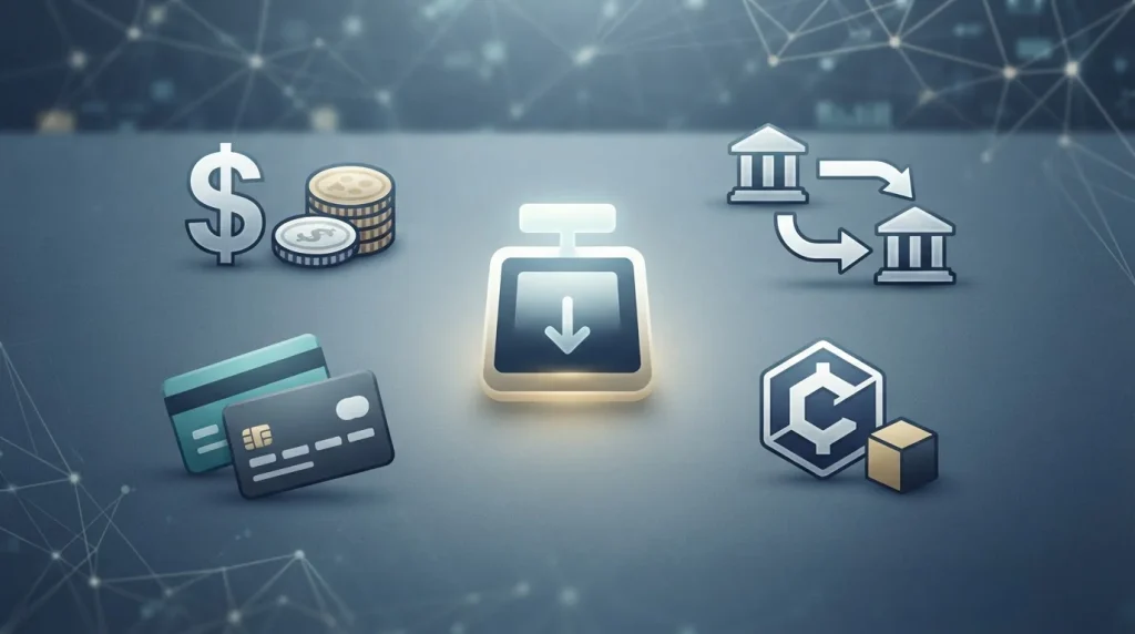Editorial banking illustration with Australian dollar symbol, generic cards, bank transfer arrows and cryptocurrency icon