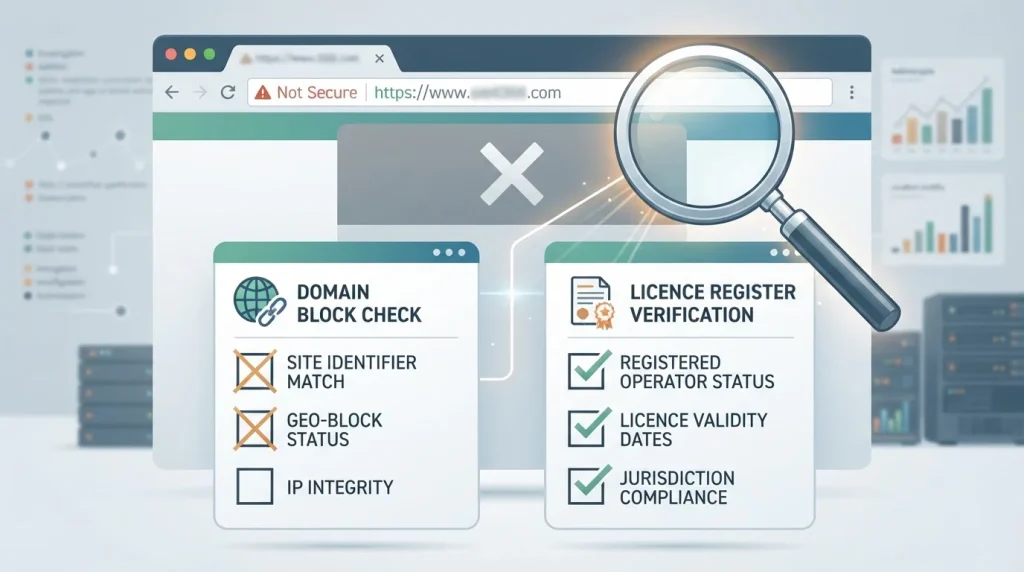 Editorial illustration of a browser address check, a blocking symbol and a regulatory checklist