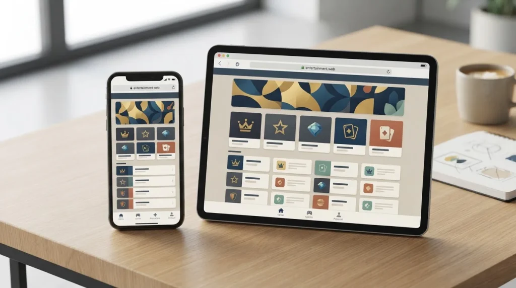 Editorial illustration of a smartphone and tablet displaying a neutral responsive casino browser interface