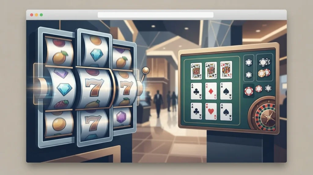 Editorial illustration of abstract pokies reels and table game cards in a neutral casino lobby