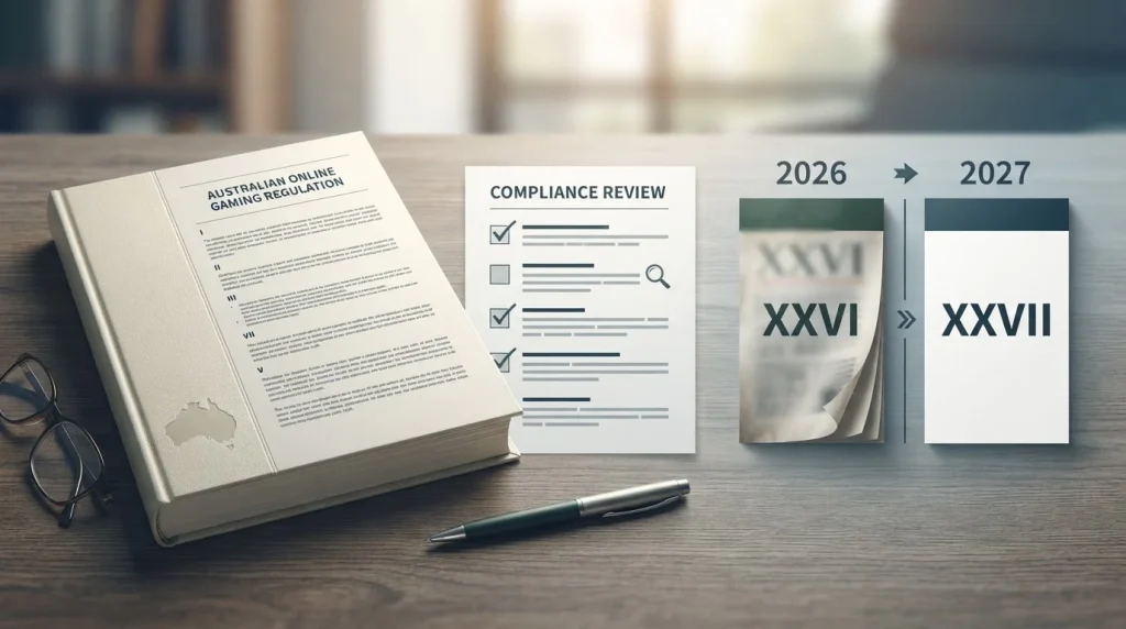 Editorial illustration of an Australian legal checklist and a calendar moving from 2026 to 2027